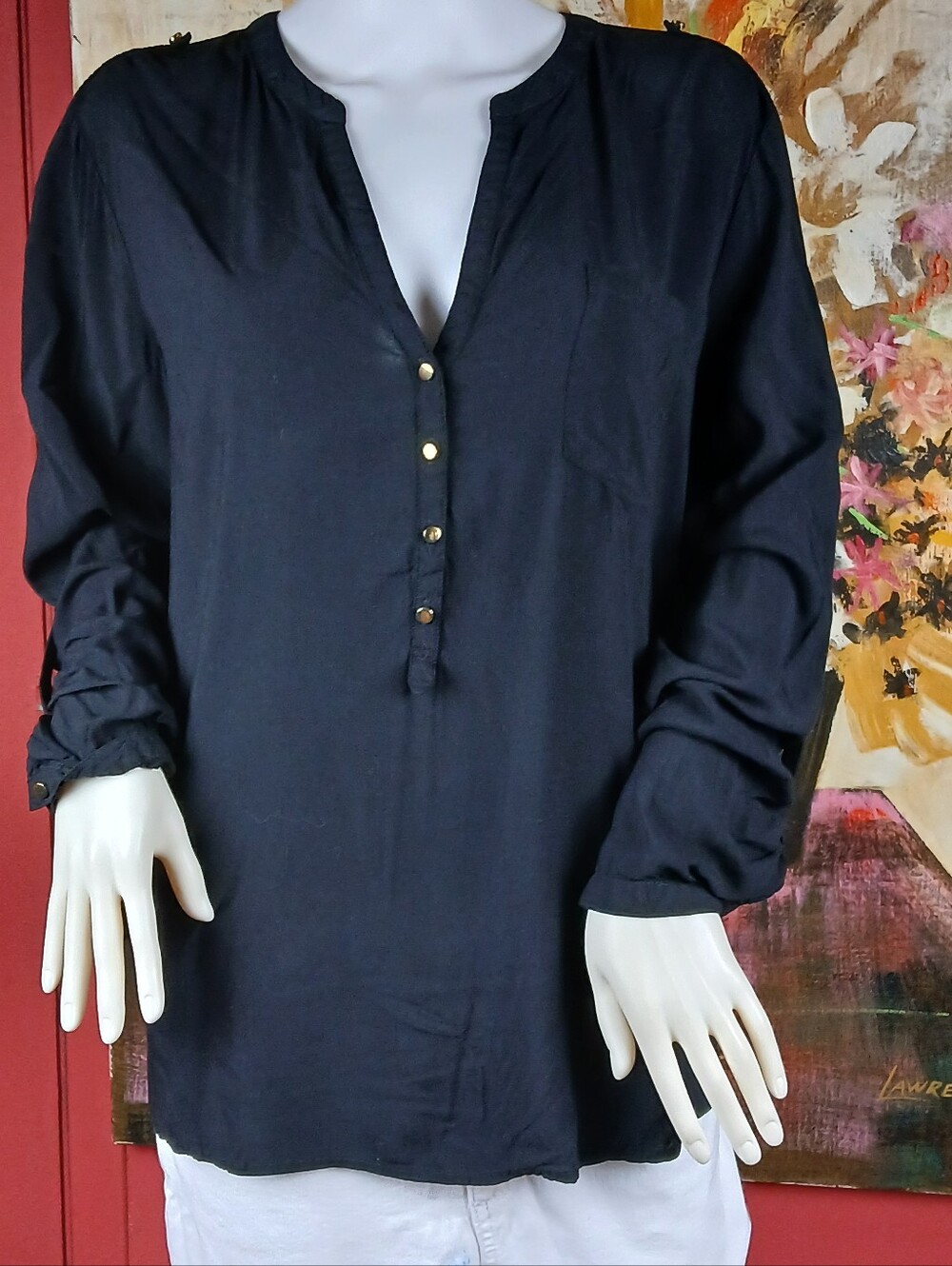 Womens Navy Long-Sleeve Henley Shirt - Casual Pullover